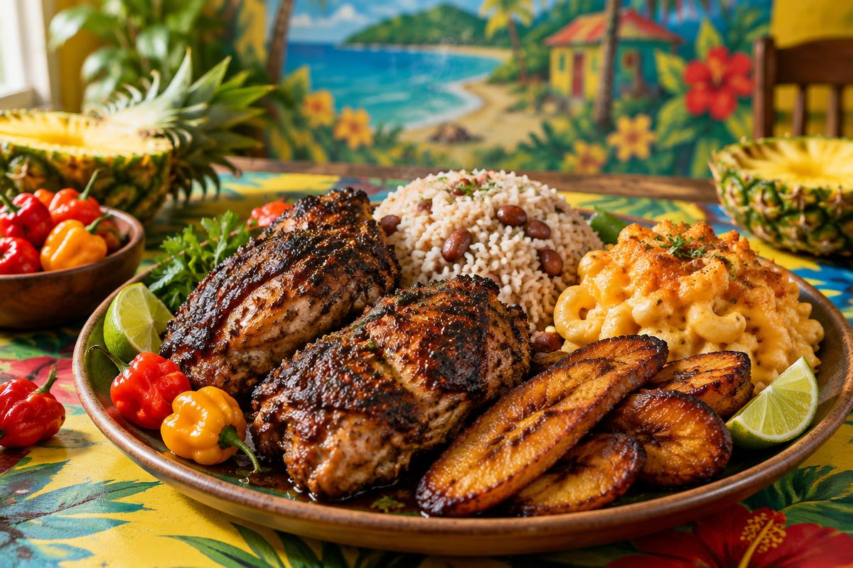 Grilled jerk chicken with rice and peas and fried plantain