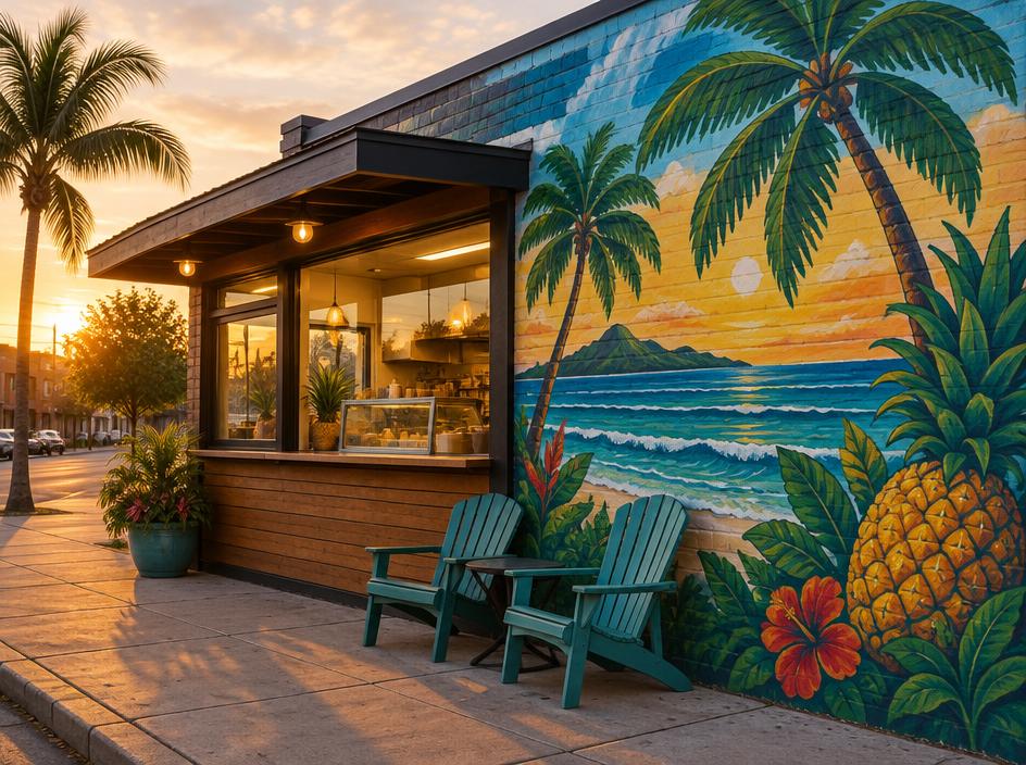 Colourful island mural on the storefront wall